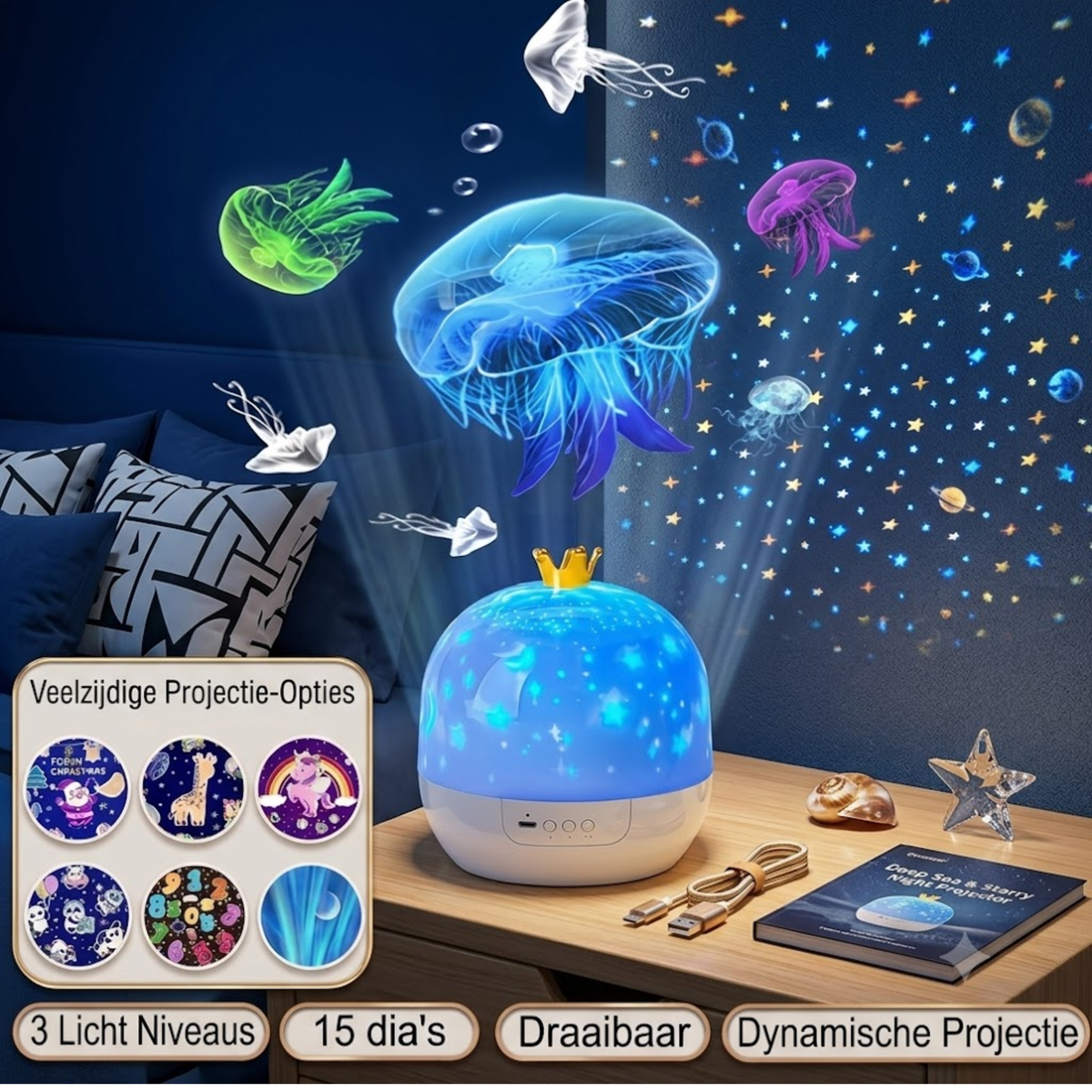 Nachtlamp Projector Kinderen met 15 Dia's - Sterrenhemel