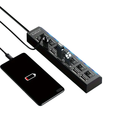7-Poorts USB 2.0 Hub met Individuele Schakelaars en LED-indicatie – Zwart