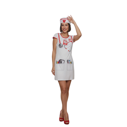 Sexy Verpleegster Jurk – Verkleedkostuum Maat S M L – Wit met Rode Accenten