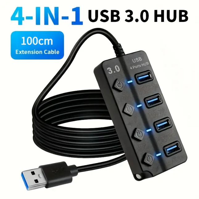 4-Poorts USB 3.0 Hub met Aan/Uit Knoppen – 100cm Kabel – Supersnel & Praktisch