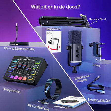 Complete Podcast Set met FIFINE Starter Pack 2.0 RGB-microfoon & audio mixer – Zwart of Wit -  – USB RGB Microfoon met SC3 Streaming Deck