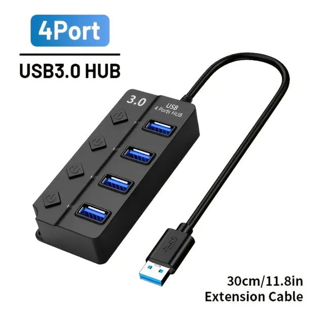 4-Poorts USB 3.0 Hub – Snelle 5Gbps Overdracht met Individuele Schakelaars