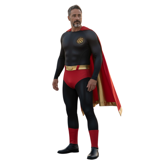 Superheld Kostuum voor Mannen – Zwart met Rode Cape & Gouden Riem (Maat M)