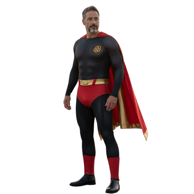 Superheld Kostuum voor Mannen – Zwart met Rode Cape & Gouden Riem (Maat M)