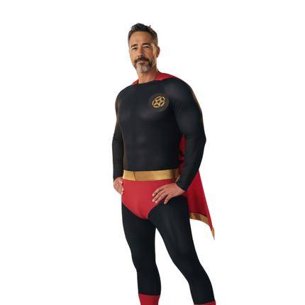 Superheld Kostuum voor Mannen – Zwart met Rode Cape & Gouden Riem (Maat M)