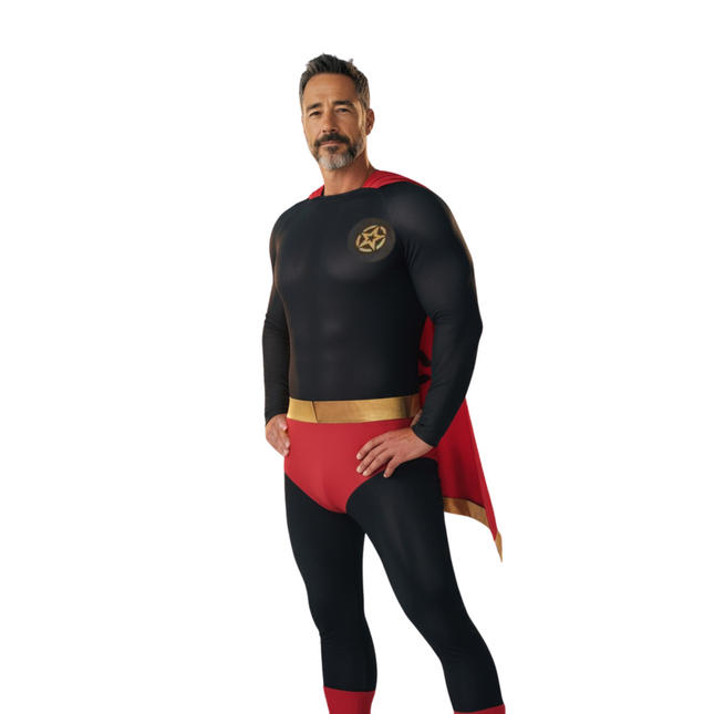 Superheld Kostuum voor Mannen – Zwart met Rode Cape & Gouden Riem (Maat M)