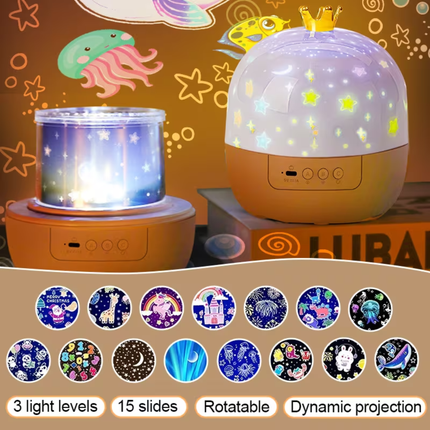 Kinder Nachtlamp Projector met 15 Dia’s – Draaibare LED Sterrenprojector met Oceaan, Dieren en Slaapkamer Projecties