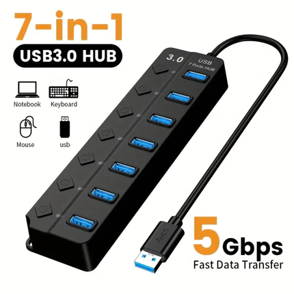 7-Poorts USB 3.0 Hub – Supersnelle 5 Gbps Data Overdracht met Aan/Uit Knoppen