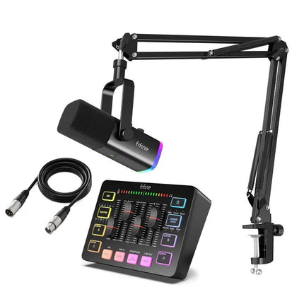 Complete Podcast Set met FIFINE Starter Pack 2.0 RGB-microfoon & audio mixer – Zwart of Wit -  – USB RGB Microfoon met SC3 Streaming Deck