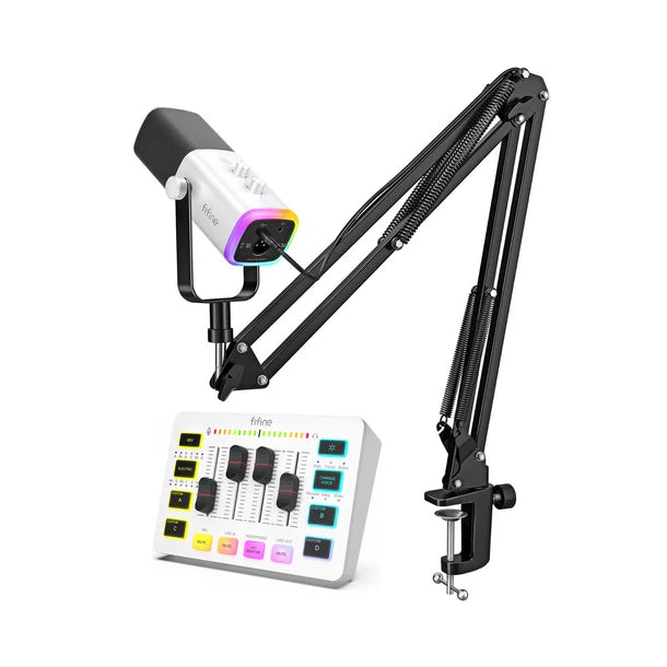 Complete Podcast Set met FIFINE Starter Pack 2.0 RGB-microfoon & audio mixer – Zwart of Wit -  – USB RGB Microfoon met SC3 Streaming Deck