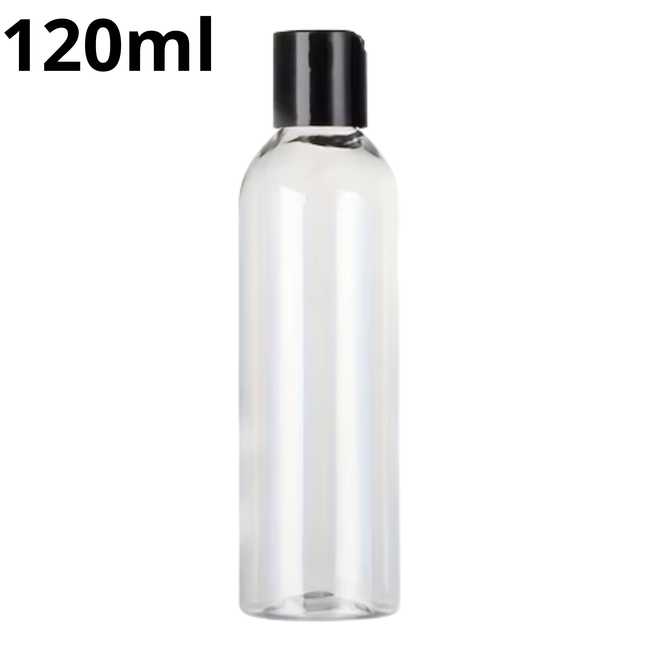 Navulbare Fles 120ml Transparant – Kunststof Fles met Zwarte Dop