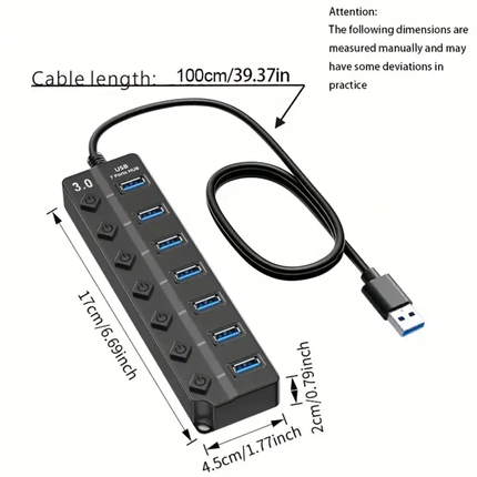7-Poorts USB 3.0 Hub – Supersnelle 5 Gbps Data Overdracht met Aan/Uit Knoppen