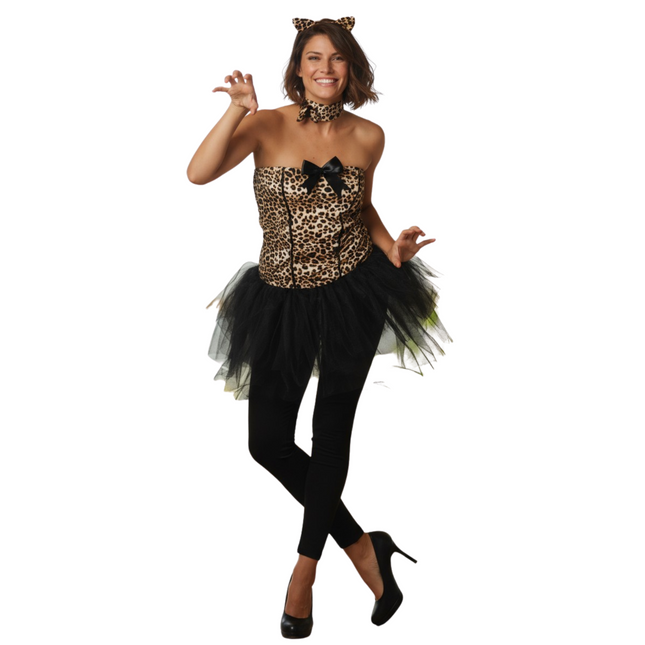 Kitty Verkleedset Panterprint – Dames Kostuum – Maat S / M / L – Jurk met Staart en Oortjes