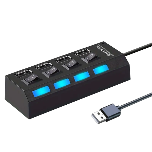 USB-Hub mit 4 Anschlüssen, Schalter und LED, Schwarz – USB 2.0