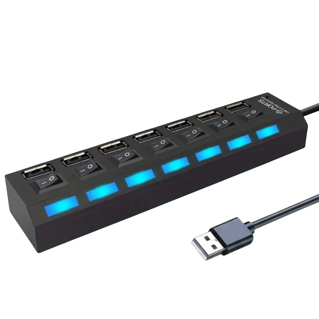 7-Poorts USB 2.0 Hub met Individuele Schakelaars en LED-indicatie – Zwart