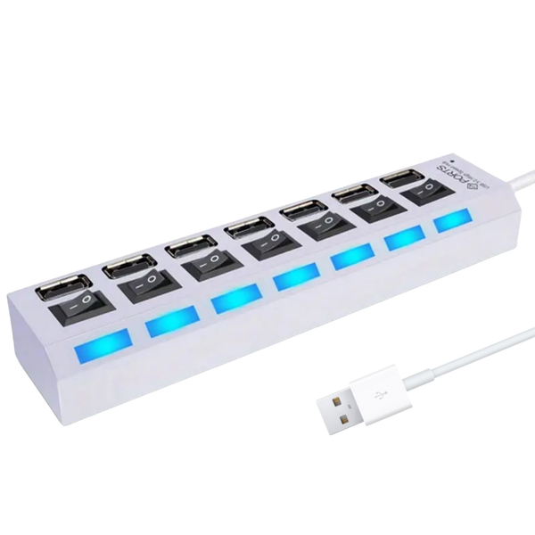 USB-Hub mit 7 Anschlüssen, Schalter und LED, Weiß – USB 2.0
