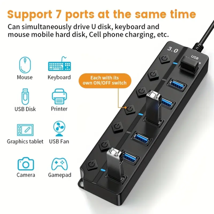 7-Poorts USB 3.0 Hub – Supersnelle 5 Gbps Data Overdracht met Aan/Uit Knoppen