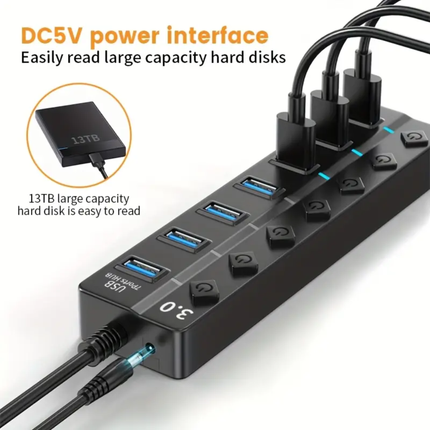 7-Poorts USB 3.0 Hub – Supersnelle 5 Gbps Data Overdracht met Aan/Uit Knoppen