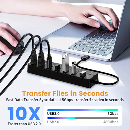 7-Poorts USB 3.0 Hub – Supersnelle 5 Gbps Data Overdracht met Aan/Uit Knoppen