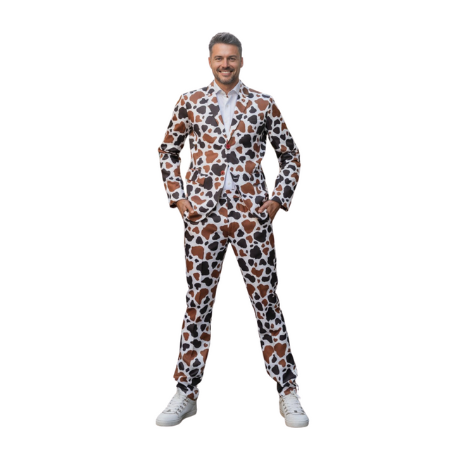 Heren Koeienprint Pak – Fun Kostuum met Jas, Broek en Stropdas – Maat S / M/ L