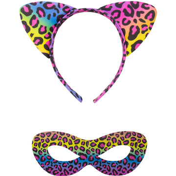 Regenboogkleurige Panter Verkleed Set - Tiara en Masker