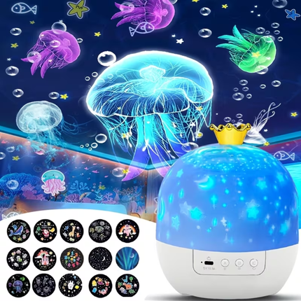 Kinder Nachtlamp Projector met 15 Dia’s – Draaibare LED Sterrenprojector met Oceaan, Dieren en Slaapkamer Projecties