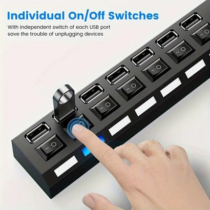 7-Poorts USB 2.0 Hub met Individuele Schakelaars en LED-indicatie – Zwart