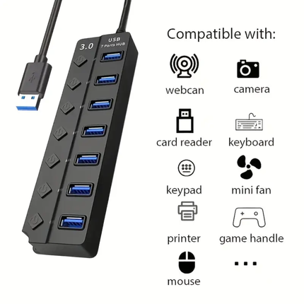 7-Poorts USB 3.0 Hub – Supersnelle 5 Gbps Data Overdracht met Aan/Uit Knoppen
