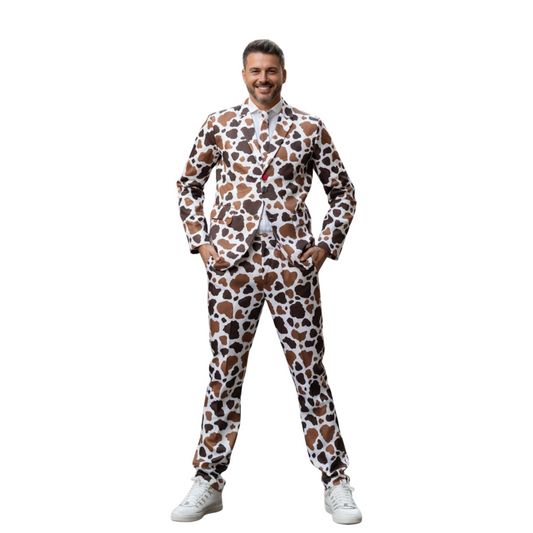Heren Koeienprint Pak – Fun Kostuum met Jas, Broek en Stropdas – Maat S / M/ L