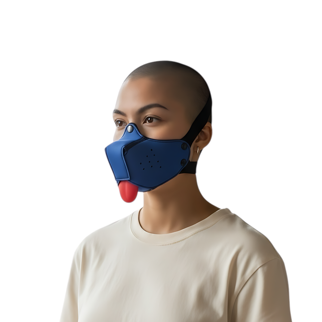 Blauw Puppy Play masker – Fetish pup masker met tong & boekverpakking (18+)