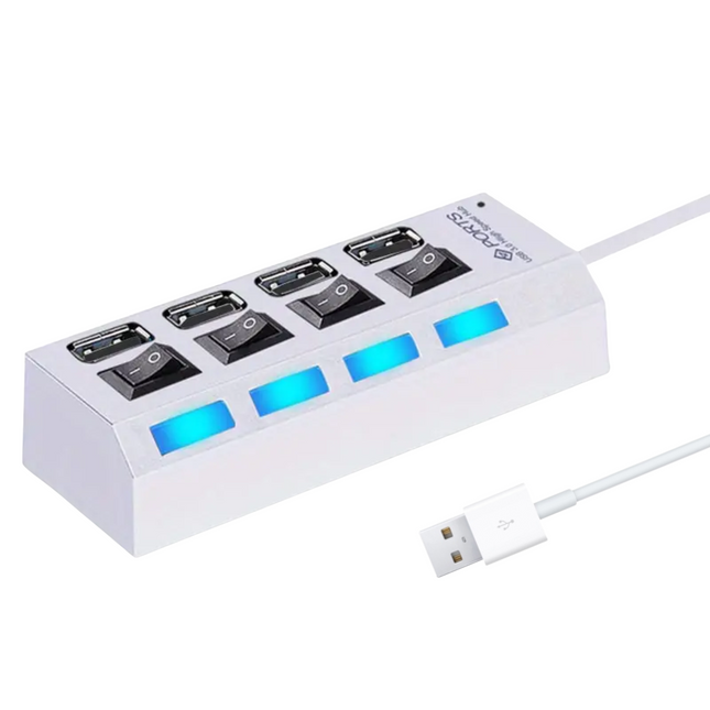 4-Poorts USB 2.0 Hub met Individuele Aan/Uit Schakelaars & LED-indicatie Wit