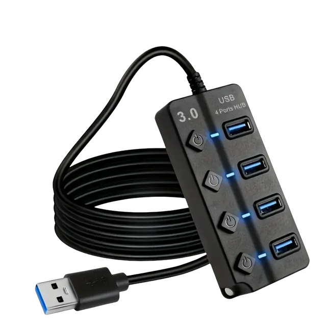 4-Poorts USB 3.0 Hub met Aan/Uit Knoppen – 100cm Kabel – Supersnel & Praktisch