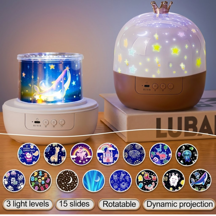 Kinder Nachtlamp Projector met 15 Dia’s – Draaibare LED Sterrenprojector met Oceaan, Dieren en Slaapkamer Projecties