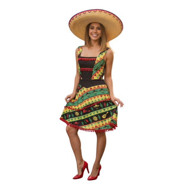 Mexicana Verkleedkostuum Dames – Inclusief Jurk & Sombrero – Maat S & L