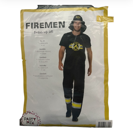 Brandweerman Kostuum Zwart – Verkleedset met Shirt, Tuinbroek en Hoed – Maat M L XL