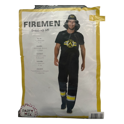 Brandweerman Kostuum Zwart – Verkleedset met Shirt, Tuinbroek en Hoed – Maat M L XL
