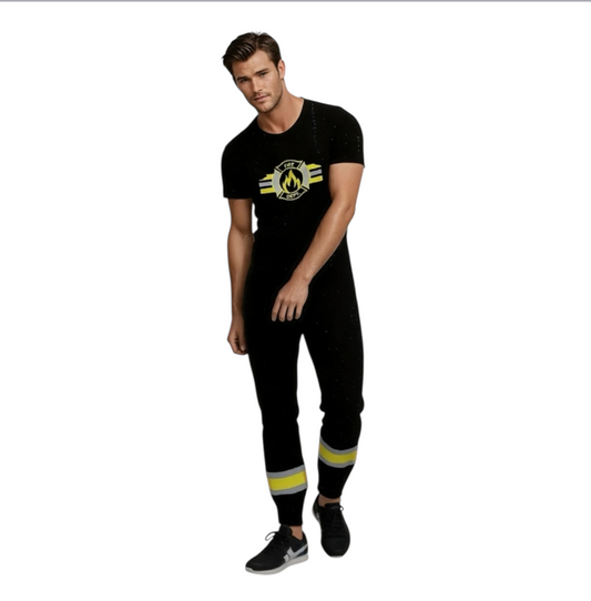 Brandweerman Kostuum Zwart – Verkleedset met Shirt, Tuinbroek en Hoed – Maat M L XL