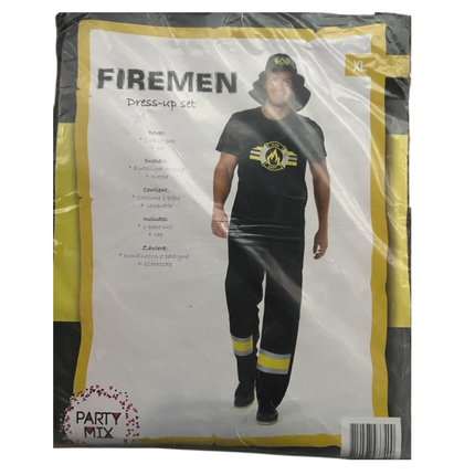 Brandweerman Kostuum Zwart – Verkleedset met Shirt, Tuinbroek en Hoed – Maat M L XL
