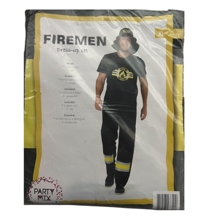 Brandweerman Kostuum Zwart – Verkleedset met Shirt, Tuinbroek en Hoed – Maat M L XL