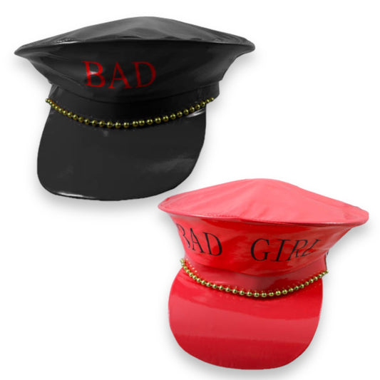 Seductive Latex Look Police Hats - BLACK with 'CAP' and Red with 'Bad Girl' - Playful Accessories for Stylish Adventures!