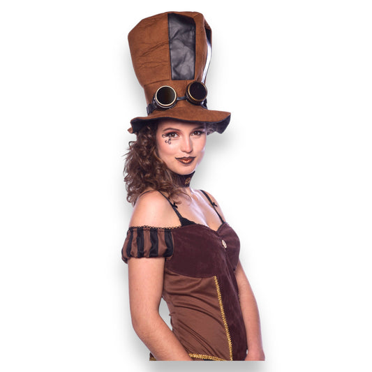 Steampunk Top Hat with Goggles - Vintage Brown Look for Festivals &amp; Theme Parties!