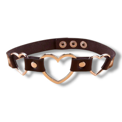 Leren Choker met 3 Hartjes – Kinky Pleasure – Verstelbare Nekband – 40 cm