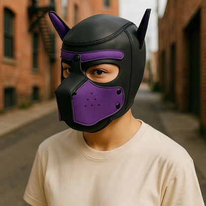 Pup Play Masker – Zwart met Paars | Neopreen Puppy Hood met Afneembare Snuit