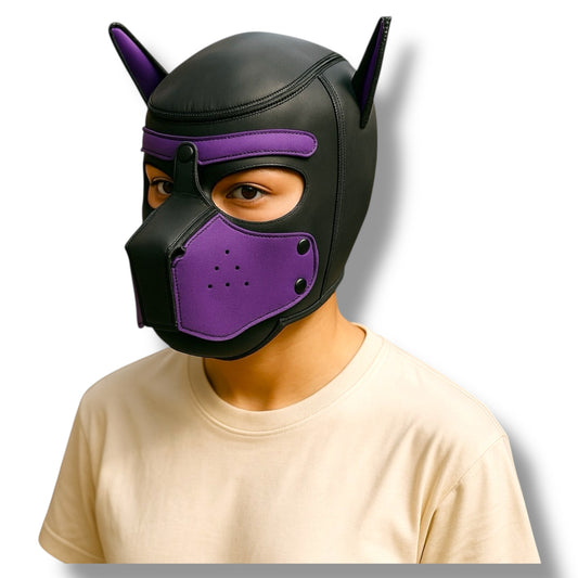 Pup Play Masker – Zwart met Paars | Neopreen Puppy Hood met Afneembare Snuit