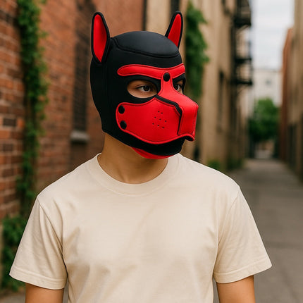 Pup Play Rood-Zwart Masker – Met Aflopende Snuit & Oor Accenten
