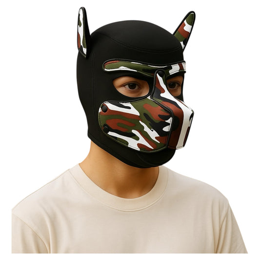 Pup Play Masker – Camouflage Puppy Hood met Afneembare Snuit | Neopreen