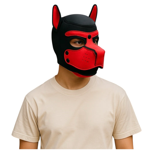 Pup Play Rood-Zwart Masker – Met Aflopende Snuit & Oor Accenten