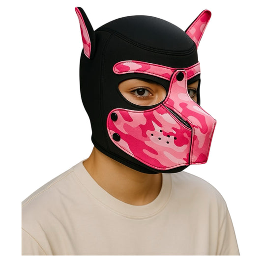 Pup Play Masker – Roze Camouflage Puppy Hood | Neopreen met Afneembare Snuit