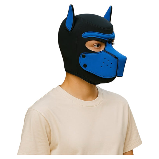 Pup Play Masker – Zwart met Blauw | Neopreen Puppy Hood met Afneembare Snuit