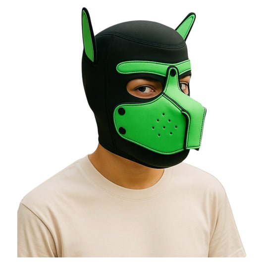 Pup Play Masker – Zwart met Groen | Neopreen Puppy Hood met Afneembare Snuit